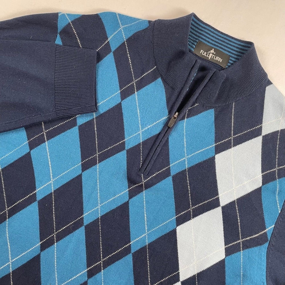 FULL TURN Men's Argyle Quarter Zip Sweater 100%‎ Merino Wool Golf XL